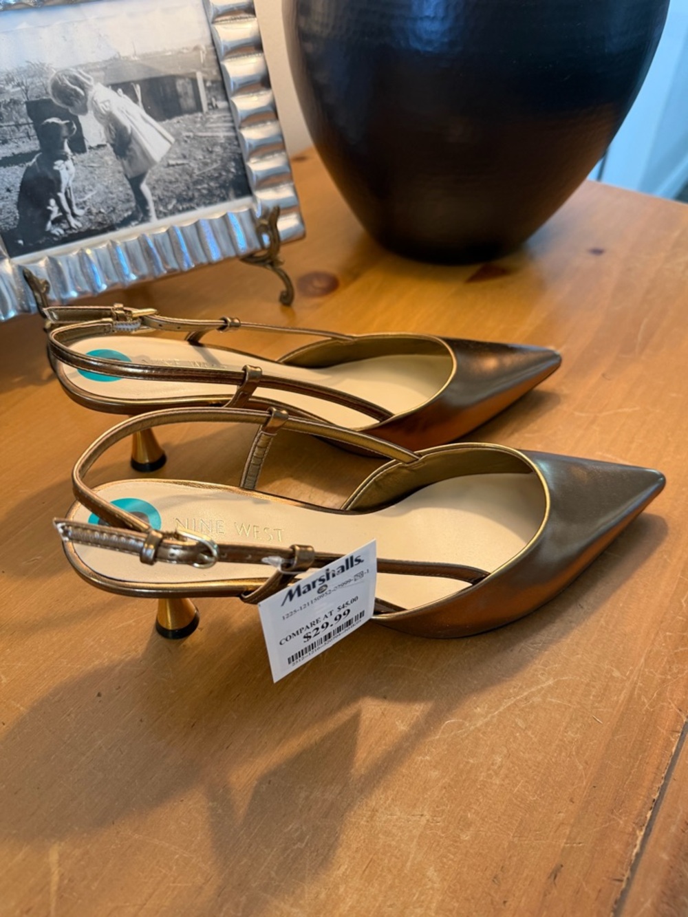 NWT Nine West Shimmery Bronze Slingback Pointed Kitten Heels - Picture 8 of 13